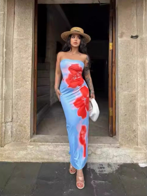 Waikiki hibiscus flowers strapless Long dress