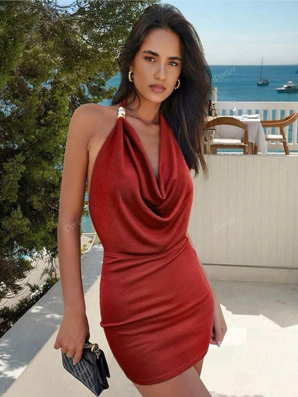 Hilton red wine draped dress