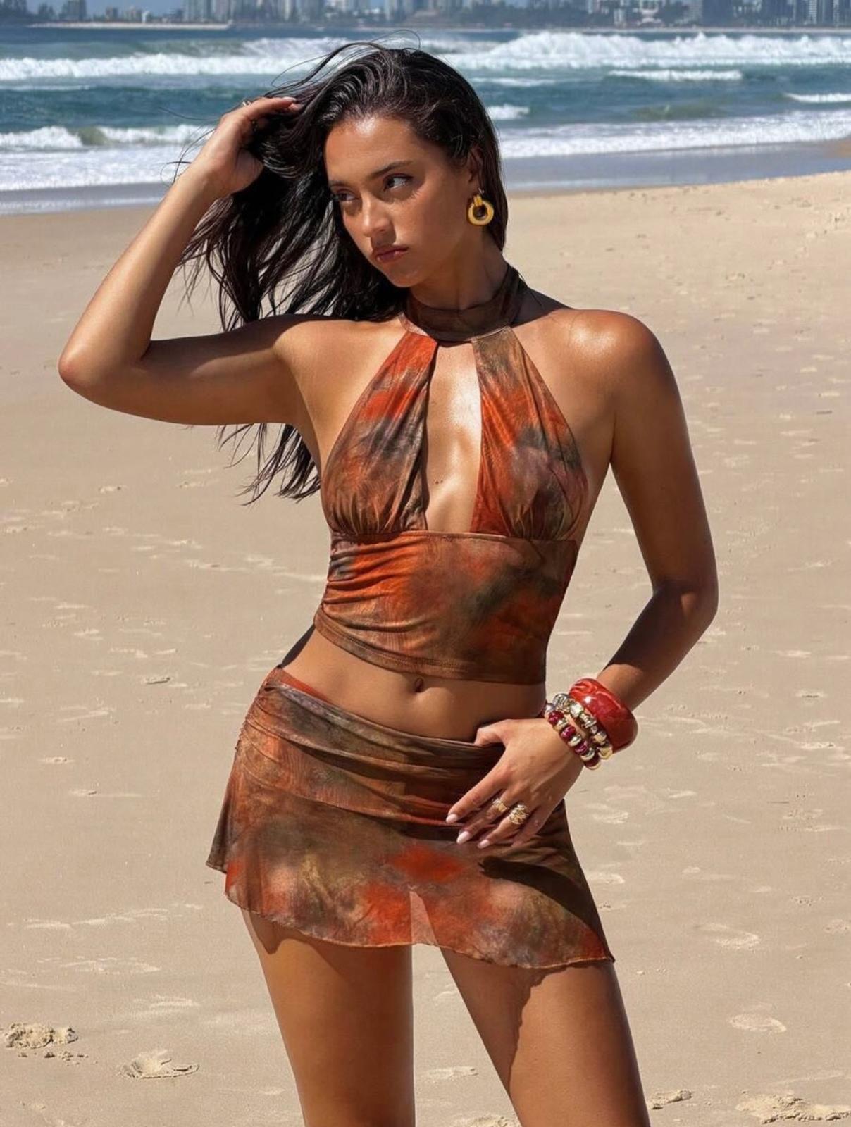 UCVOGUE earth print matching skirt set