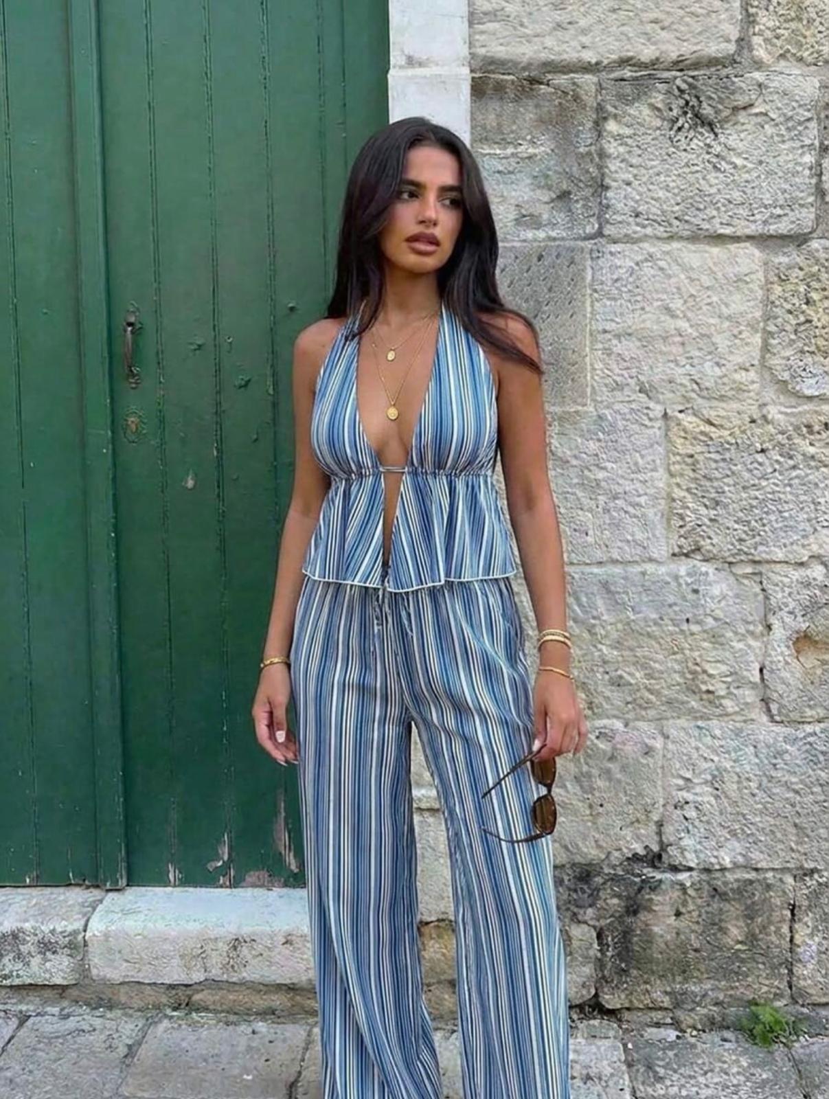 UCVOGUE stripes long pant set