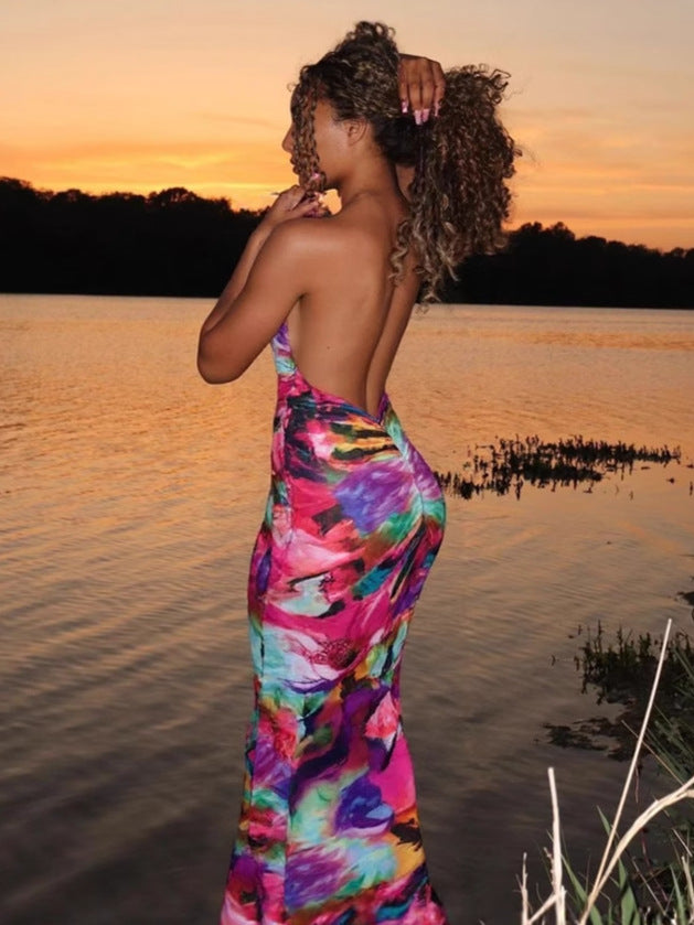Andrea sunset print open back maxi dress