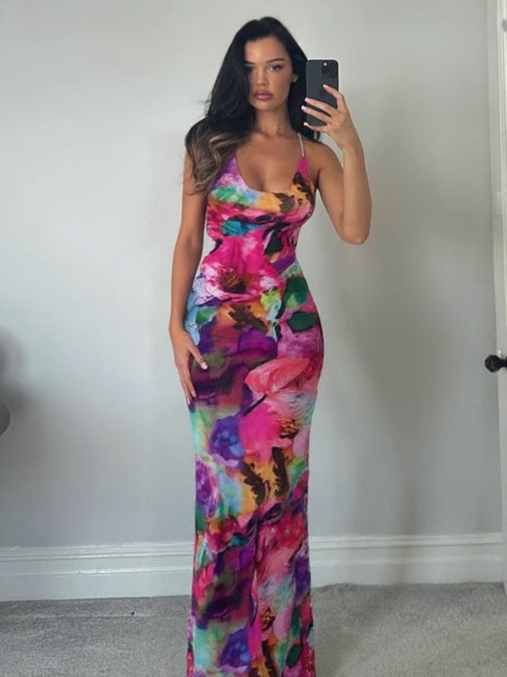 Andrea sunset print open back maxi dress
