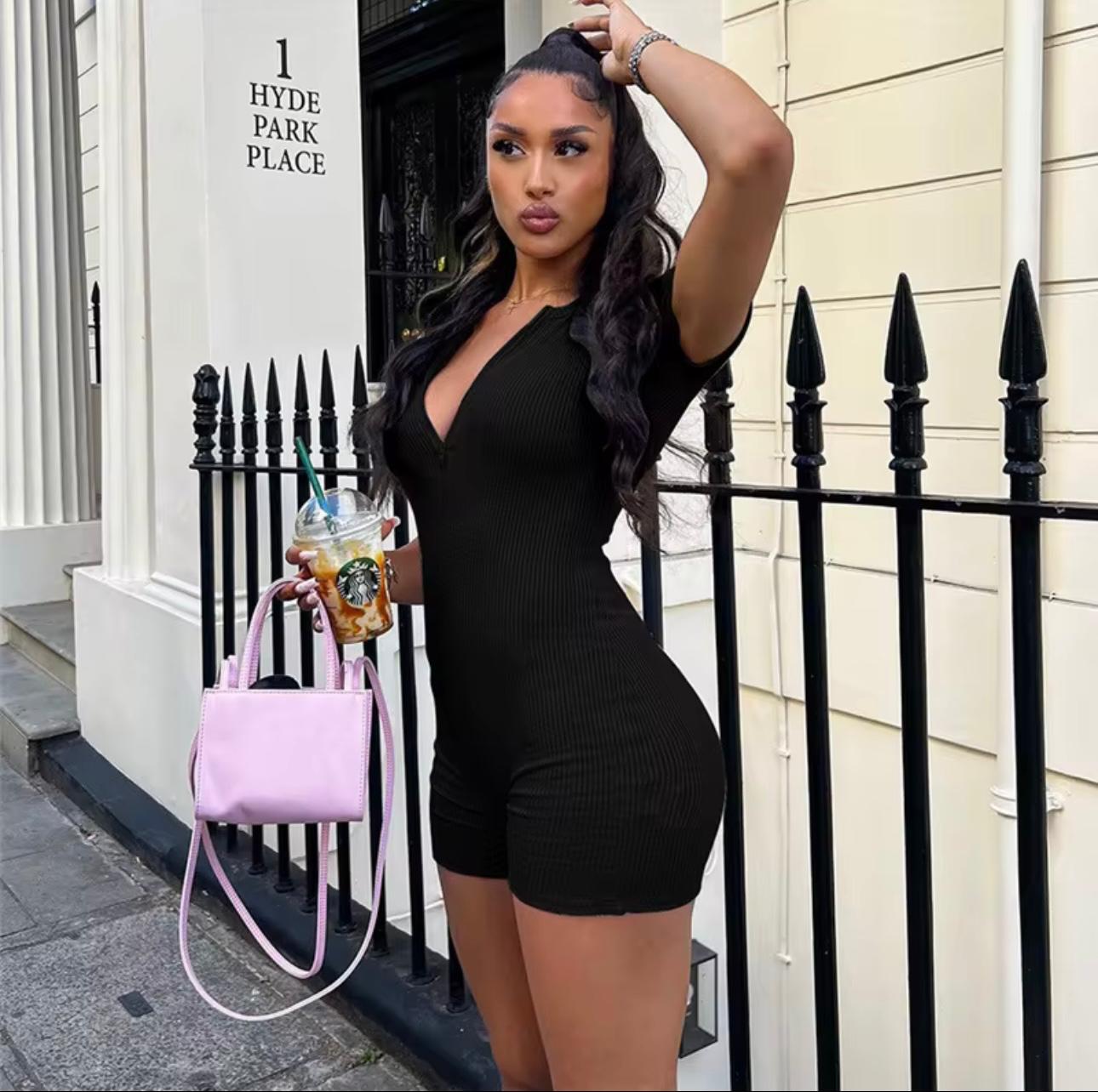 UCVOGUE Casual Solid Playsuit Sporty Romper & V-neck zip -up zipper
