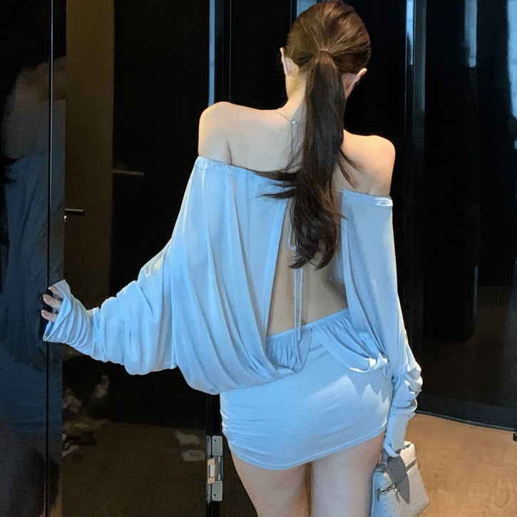 UCVOGUE sky blue off the shoulders cool short dress