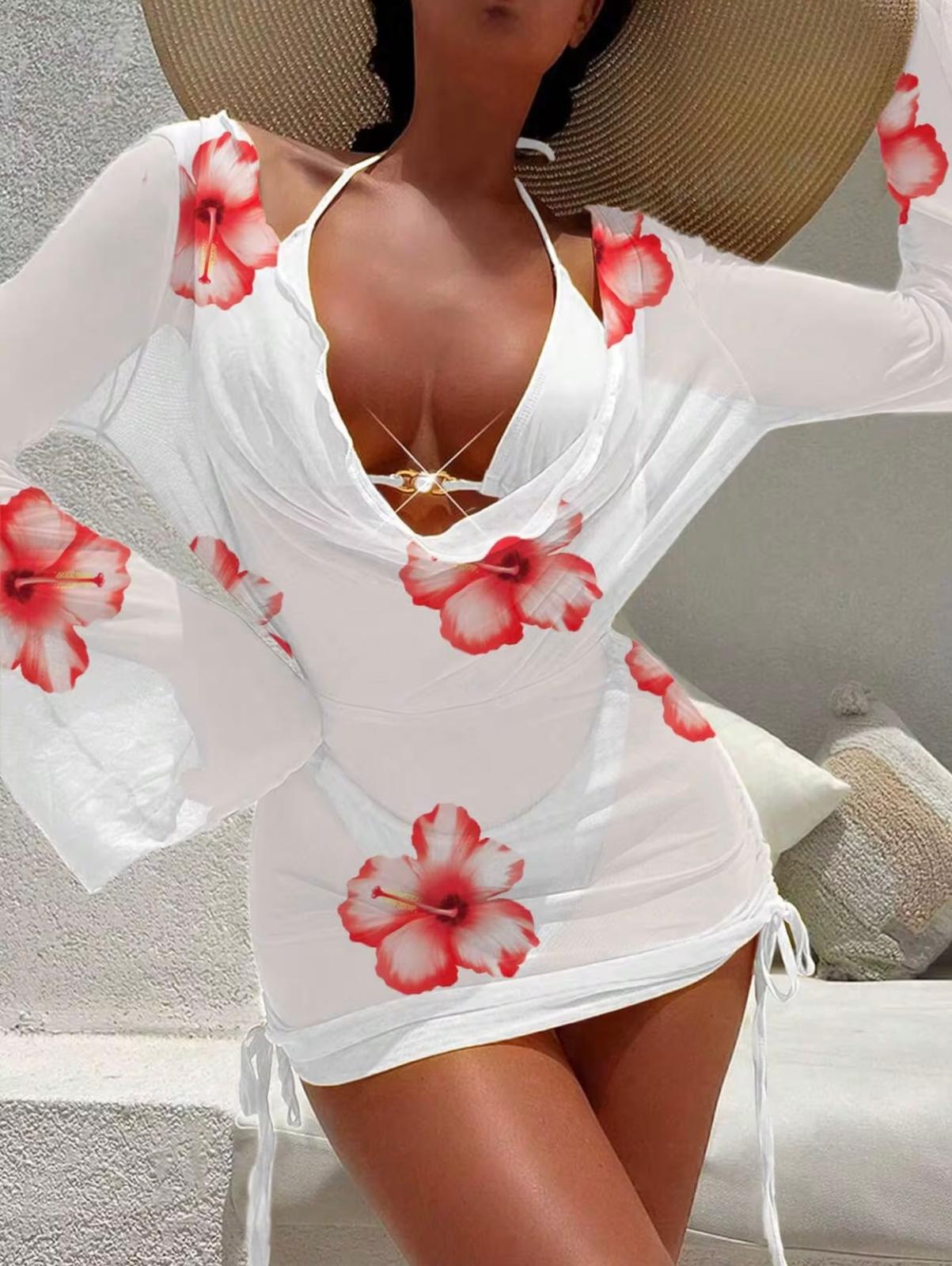 UCVOGUE long sleeve Hibiscus bikini cover- up