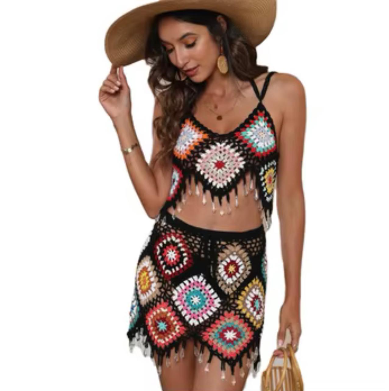 UCVOGUE crochet short skirt & top handmade set style