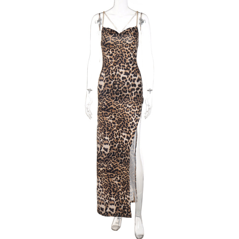 Leopard print slim fit backless chain suspender long dress