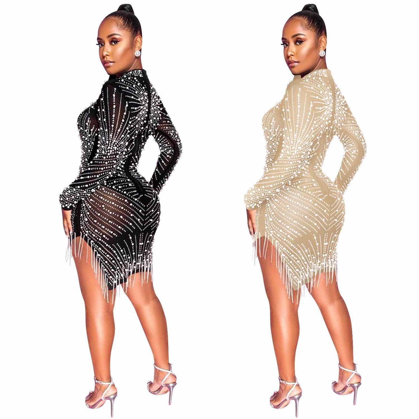 Bead Tassel Round Neck Long Sleeved Dress