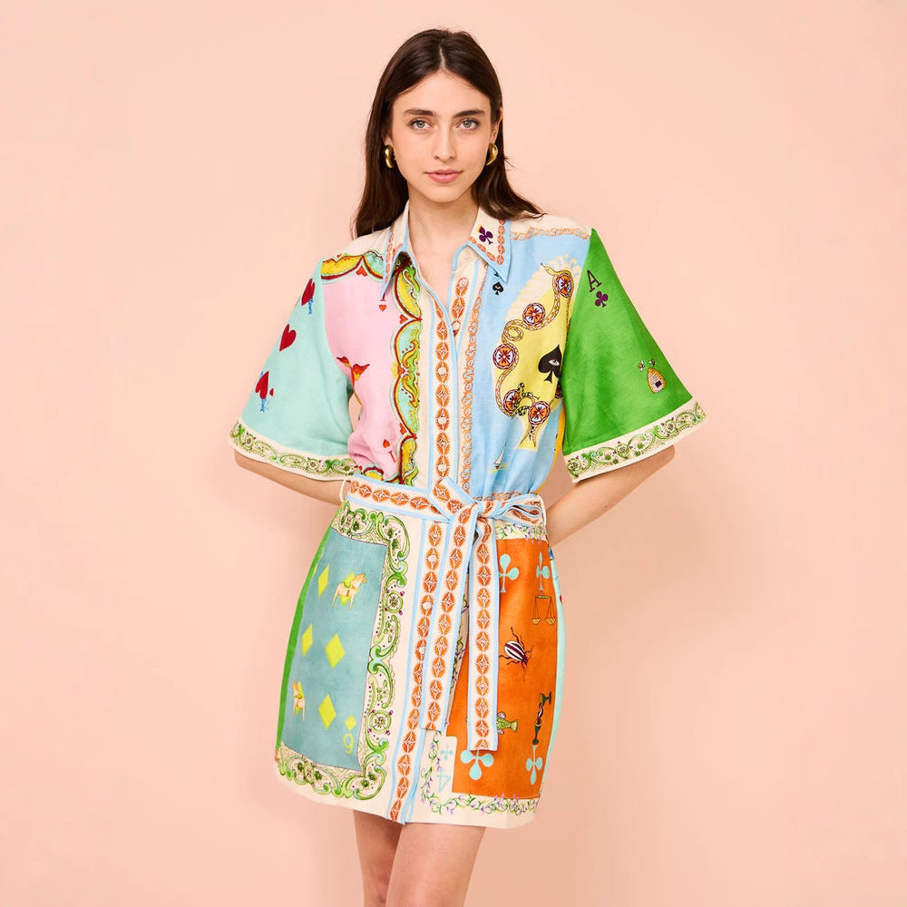 Printed vacation collar and waist cinching dress
