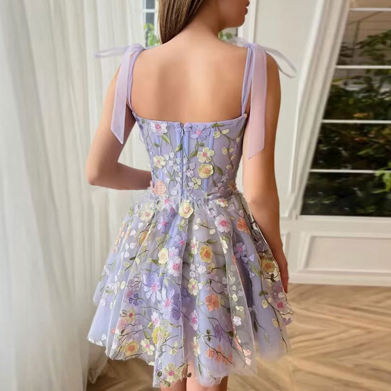 Elegant three-dimensional floral embroidery suspender dress