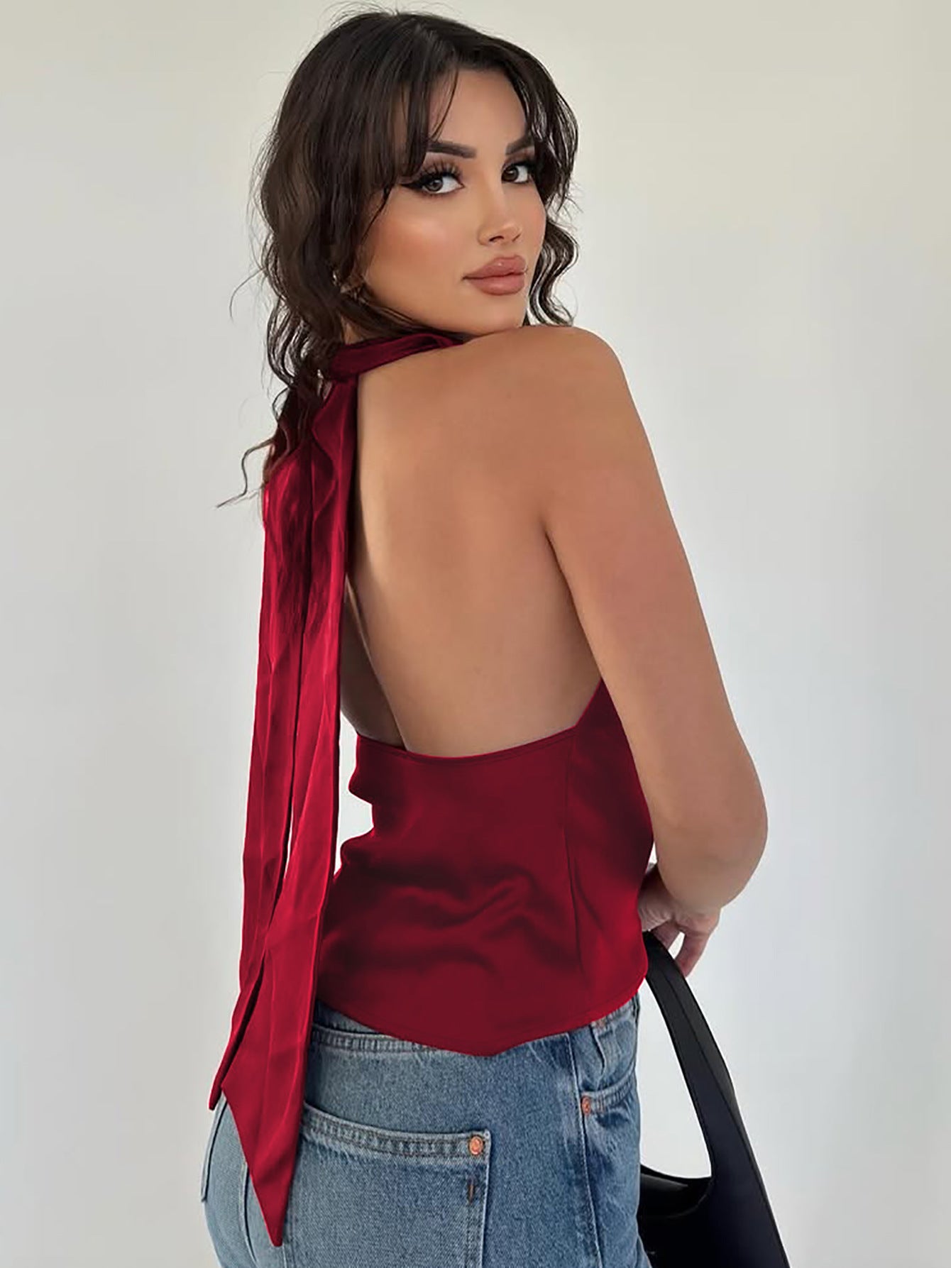 Solid color slim fit lace up backless top