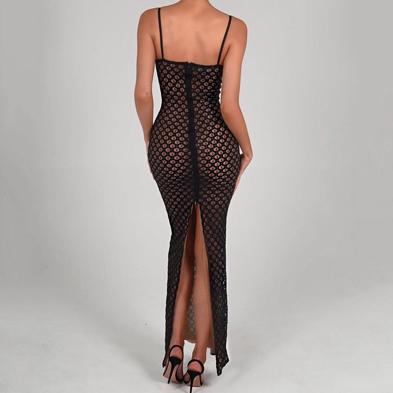 Belle Long Fitted Dress With Shoulder Straps And Back Leg Opening
