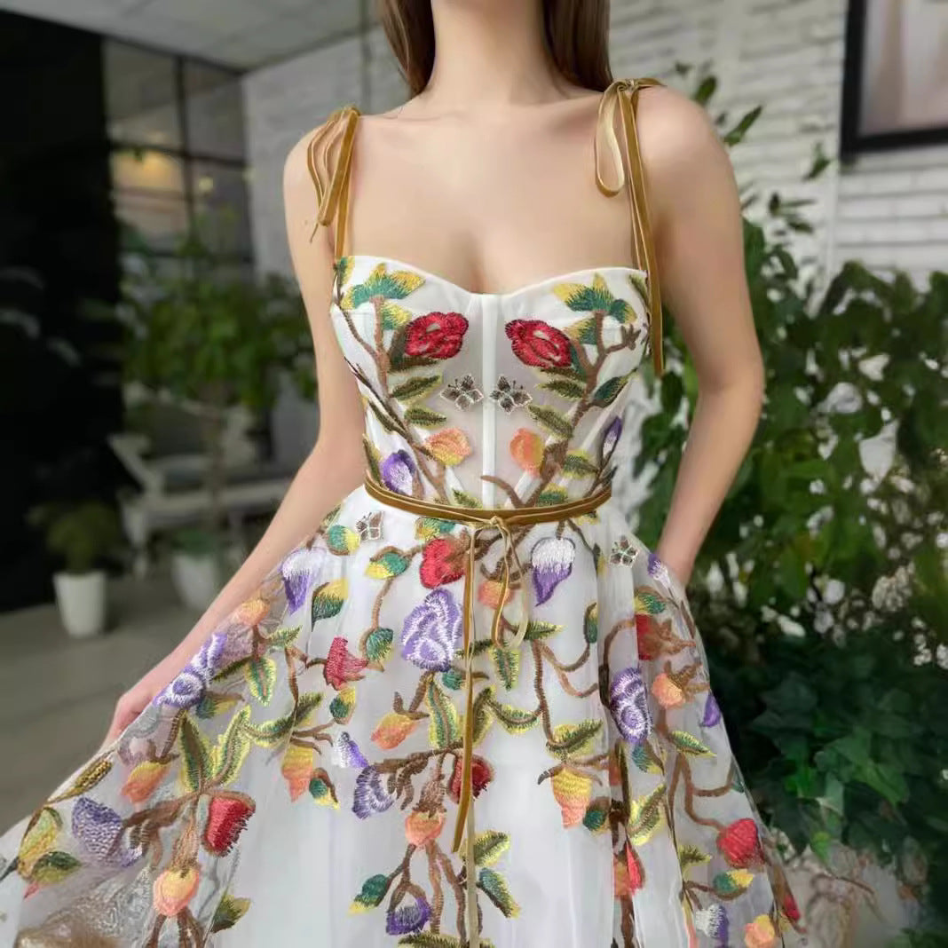 One shoulder strapless embroidered mesh long skirt