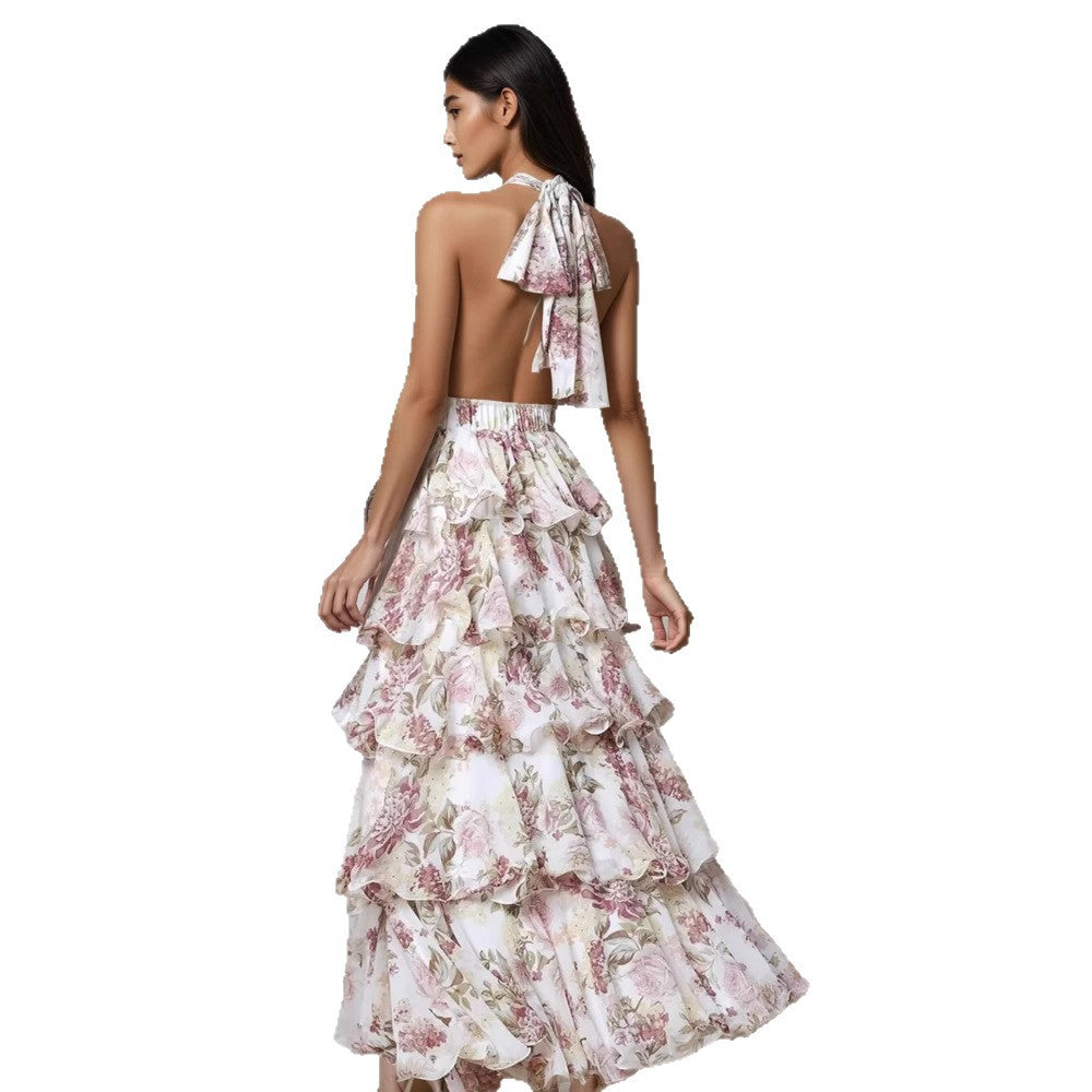 V-neck camisole multi-layer printed dress