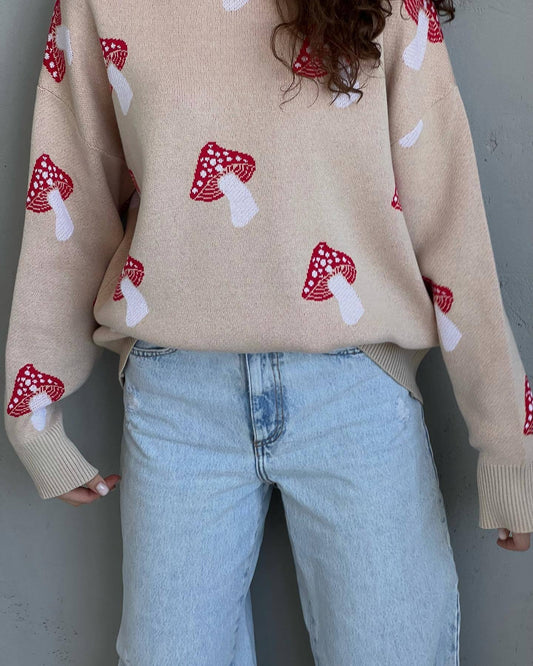 Oversized Loose Sweater With Mushroom