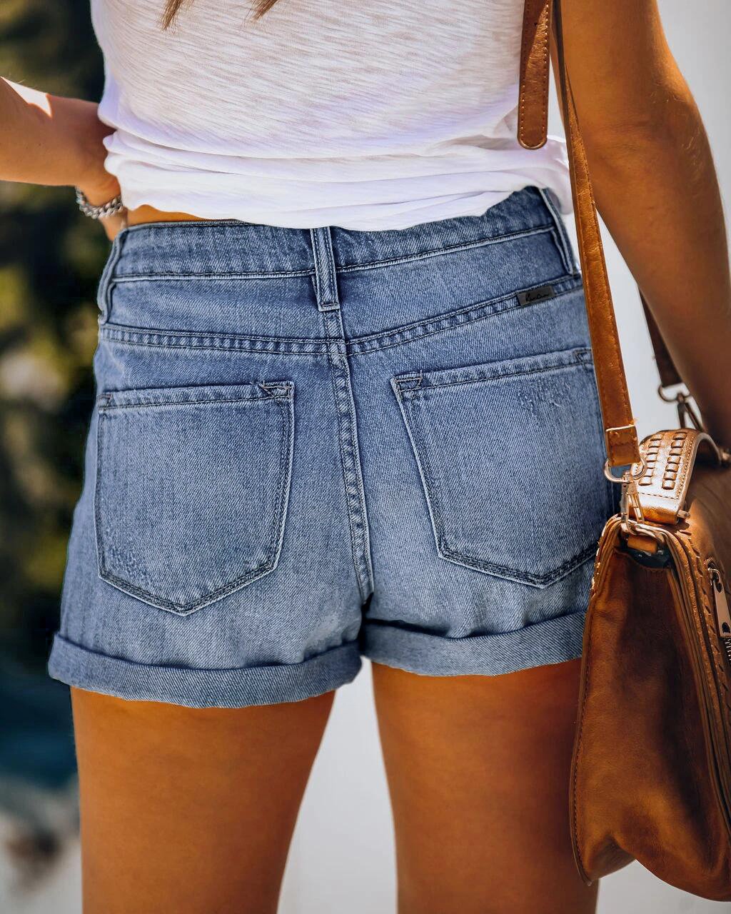 Women's Stretch Mid Rise Denim Shorts With Ripped Holes