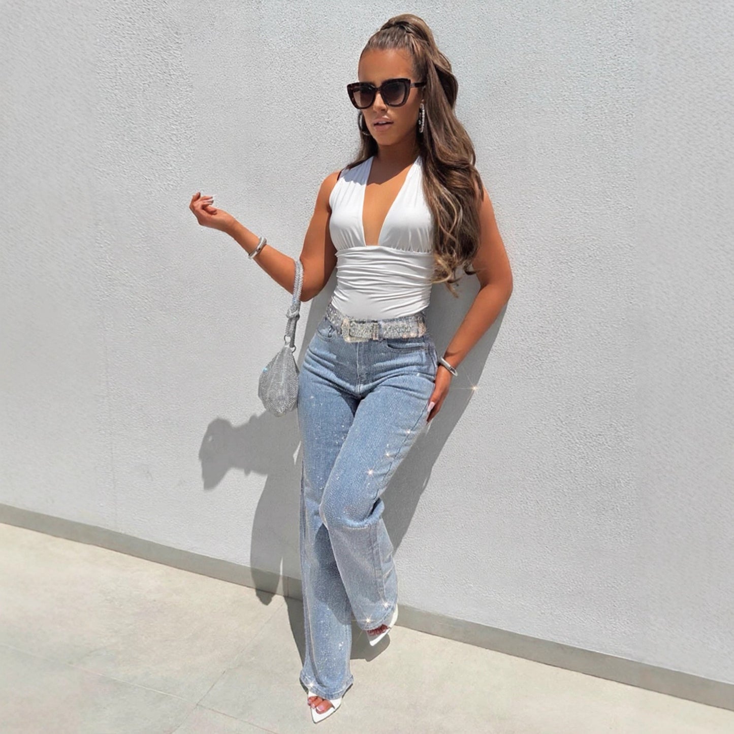 Hanging neck strap backless jumpsuit
