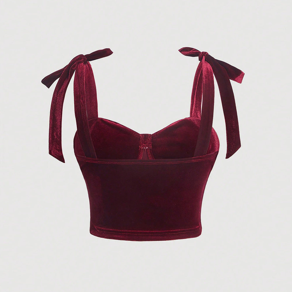 French retro velvet bow tie strapless top
