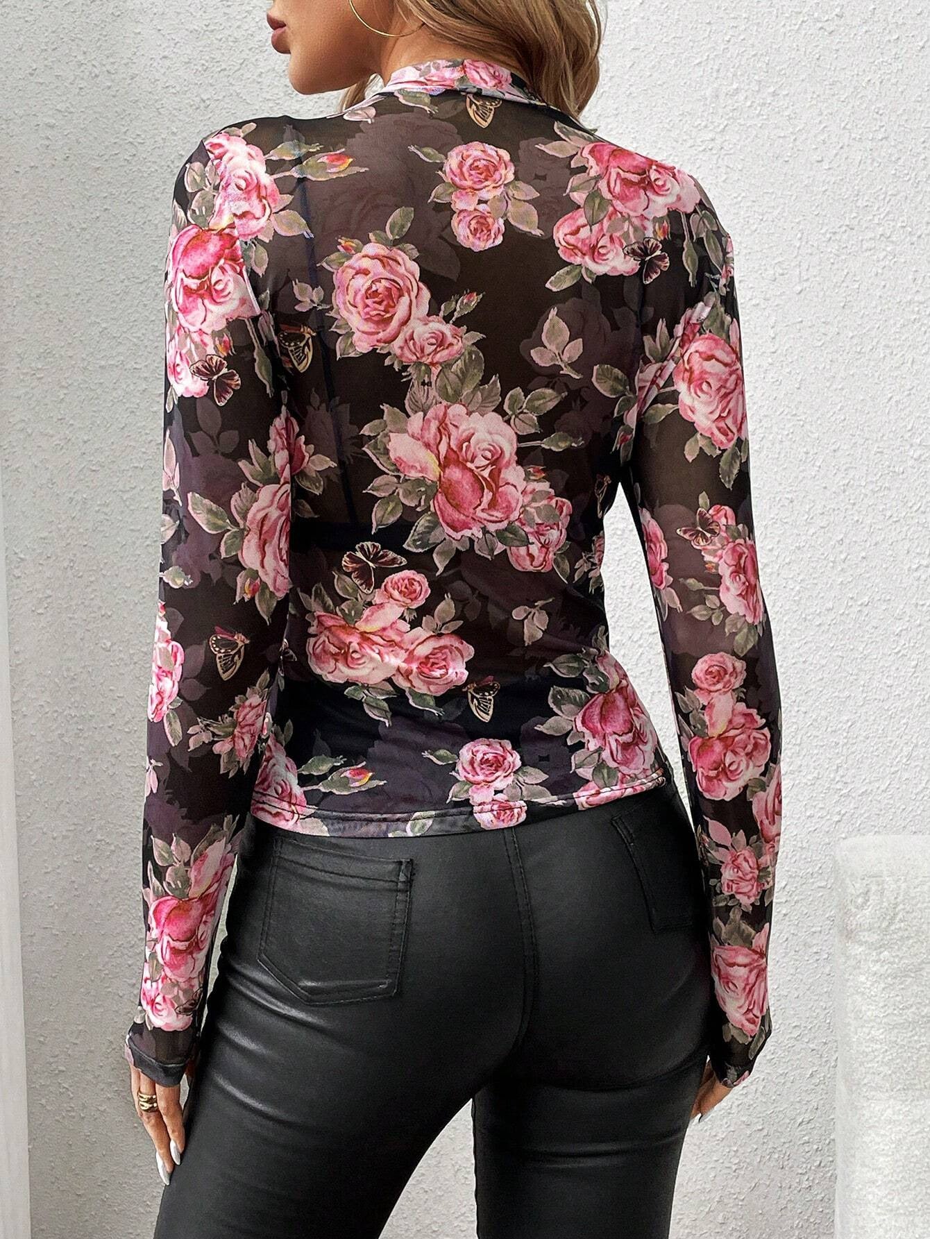 Rose printed mesh slim fit top