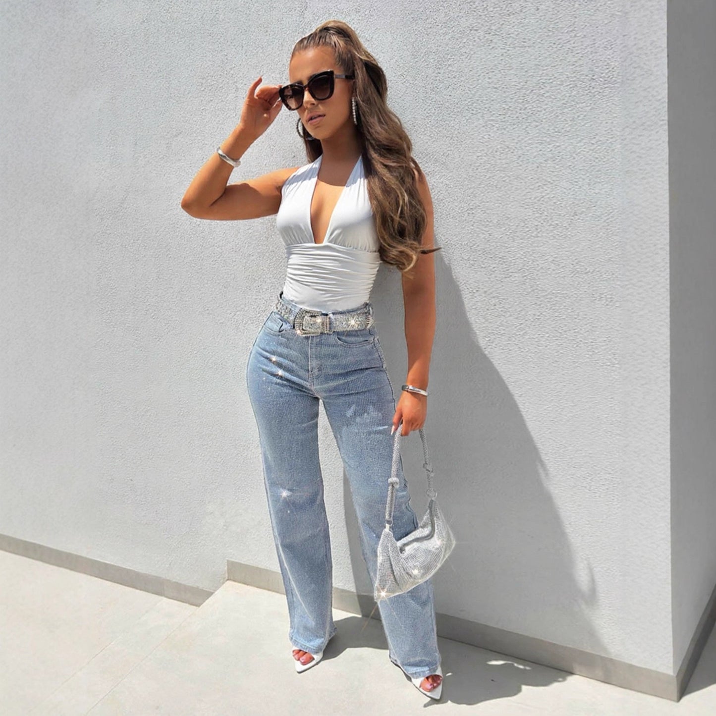 Hanging neck strap backless jumpsuit