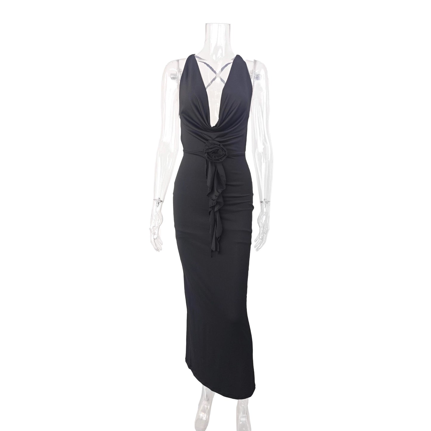 Deep V-fold black long skirt