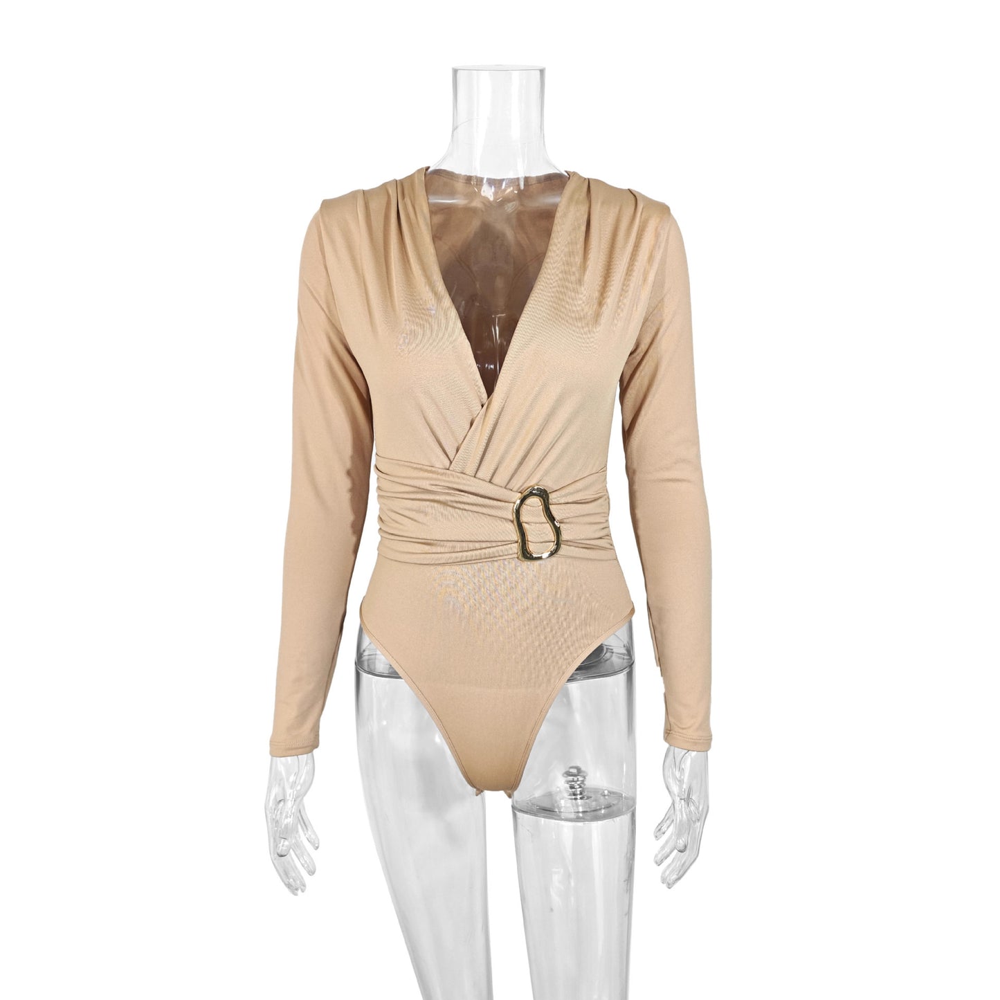 Fashionable V-neck tight fitting long sleeved jumpsuit