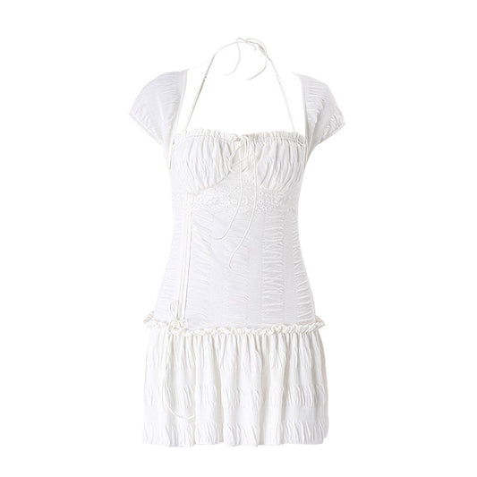 French Neckline Square Neck Bow Design Short Sleeve Pleated Dress