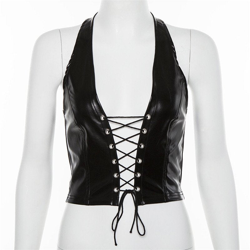 Halterneck Tie Sexy Tie Cutout Crop Top PU Small Vest