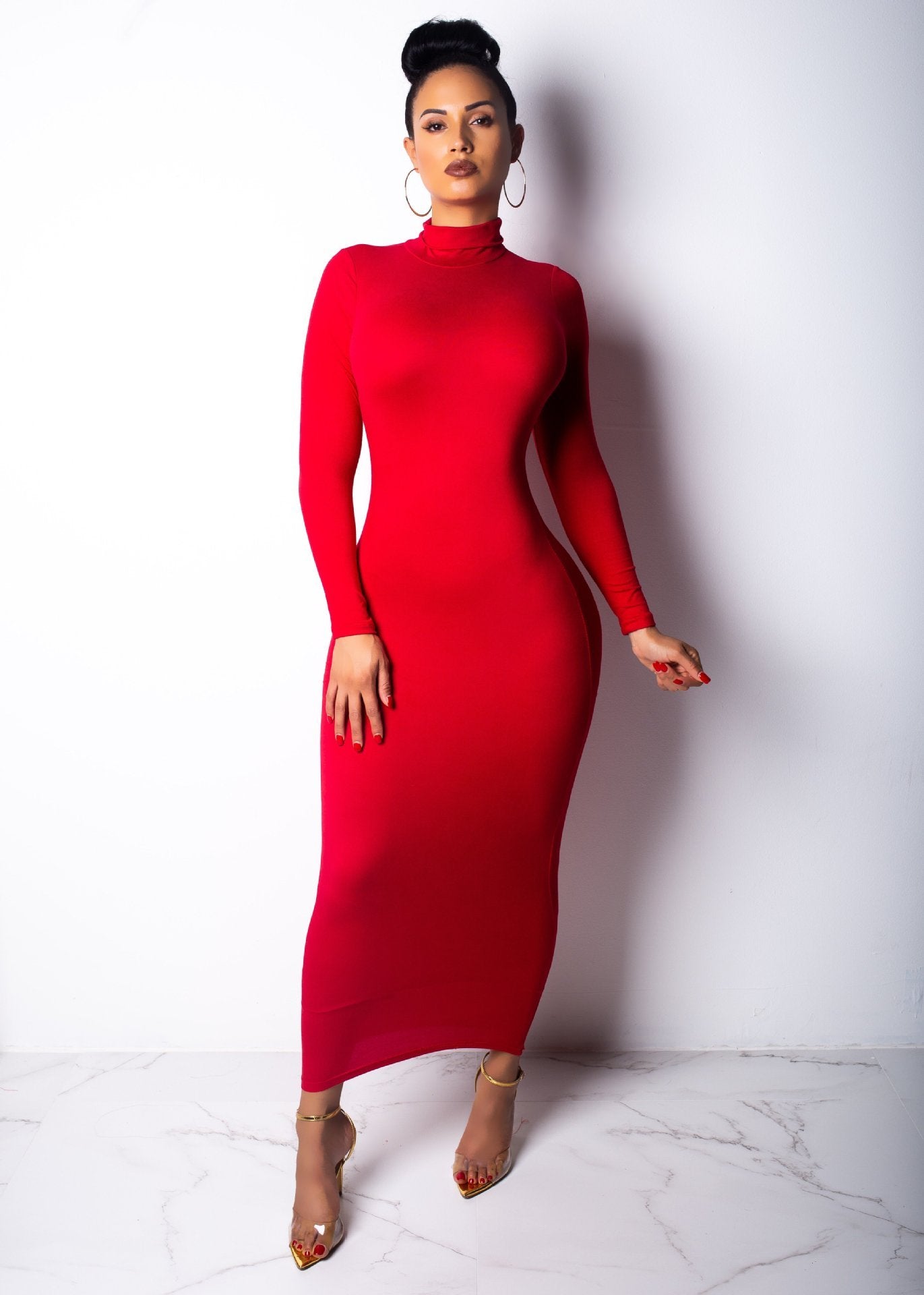 Long Fitted Dress With Long Sleeves And High Neck