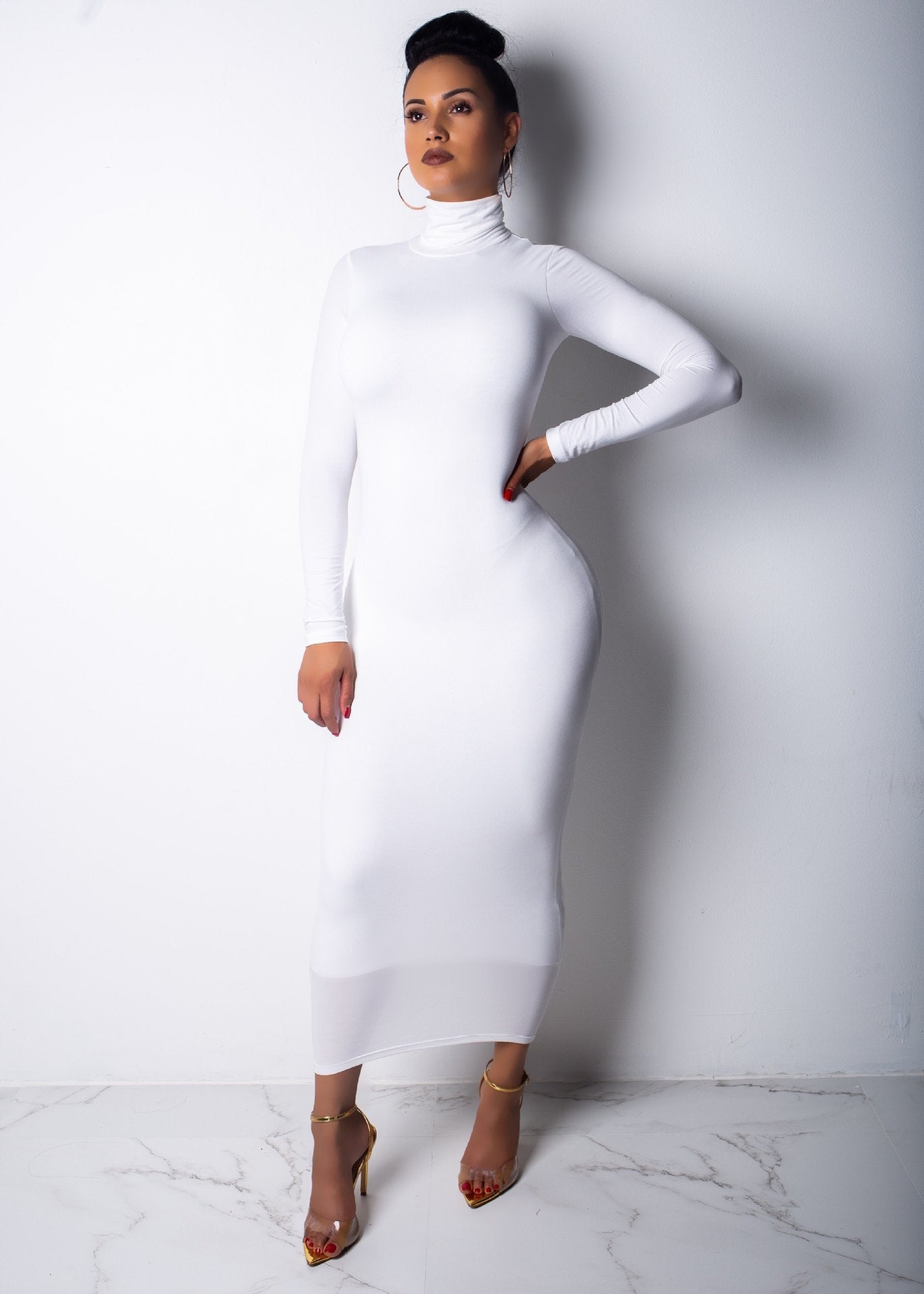 Long Fitted Dress With Long Sleeves And High Neck