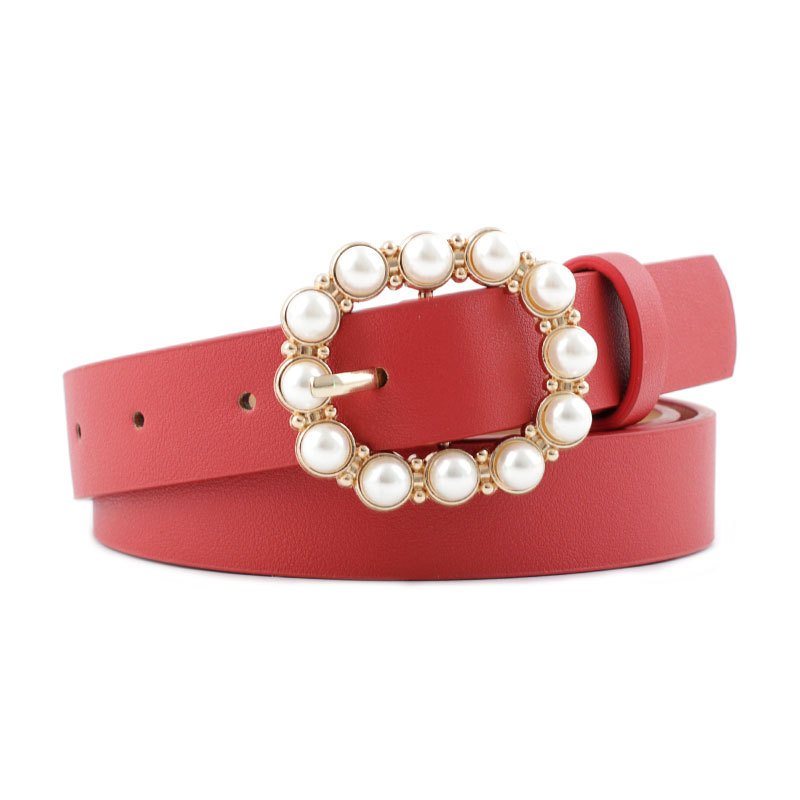 Leather Pearl Belt Ladies With Fashionable Japanese Word Buckle Belt