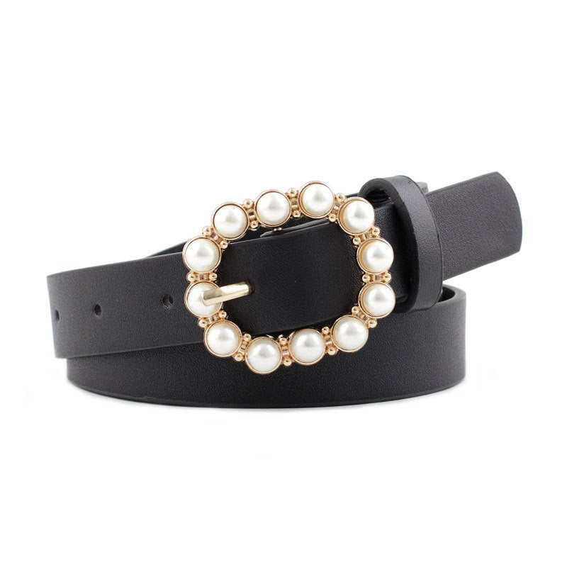 Leather Pearl Belt Ladies With Fashionable Japanese Word Buckle Belt