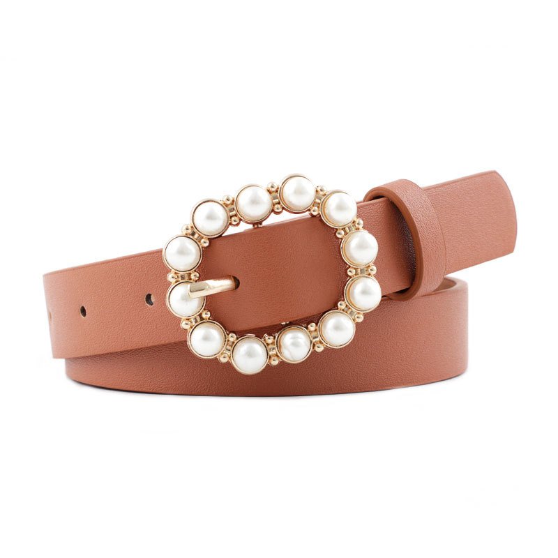 Leather Pearl Belt Ladies With Fashionable Japanese Word Buckle Belt