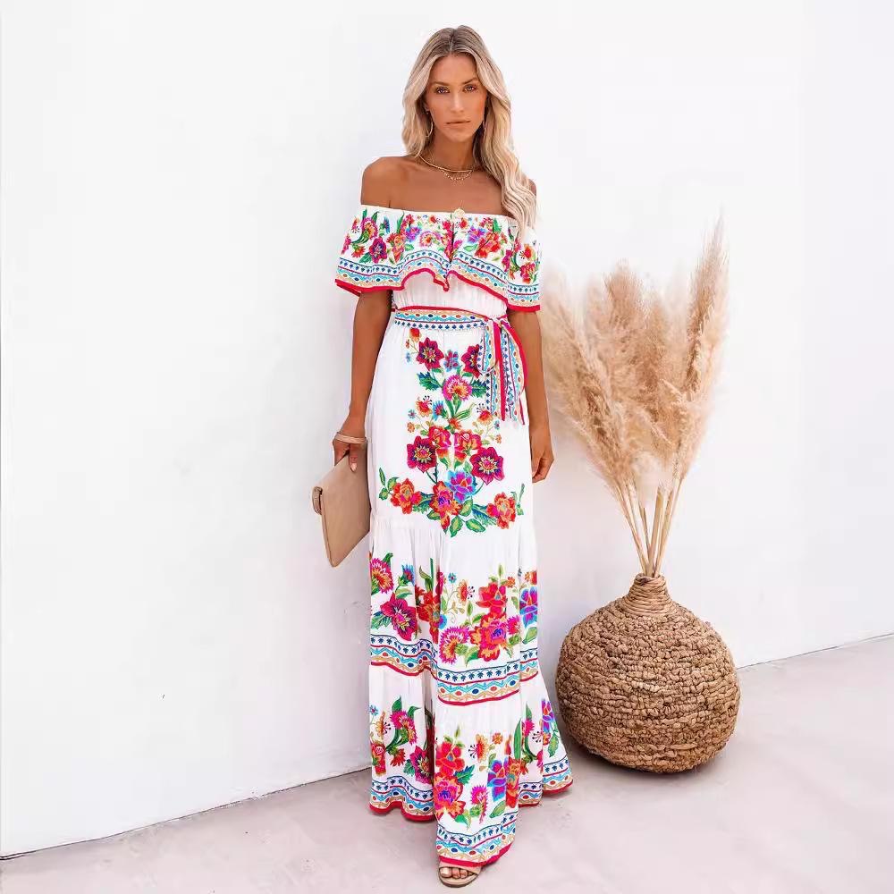 Barbara Strapless Hibiscus Flowers Maxi Dress