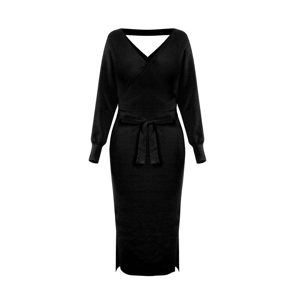 Knit Dress Slim V Neck Sweater Skirt