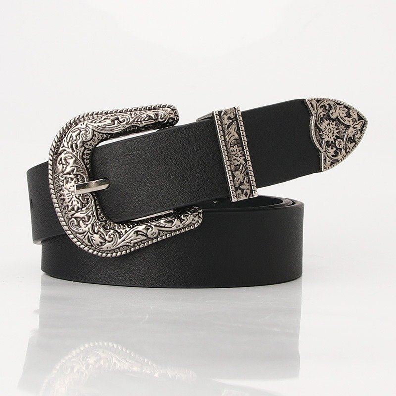 Carved Silver Buckle Belt