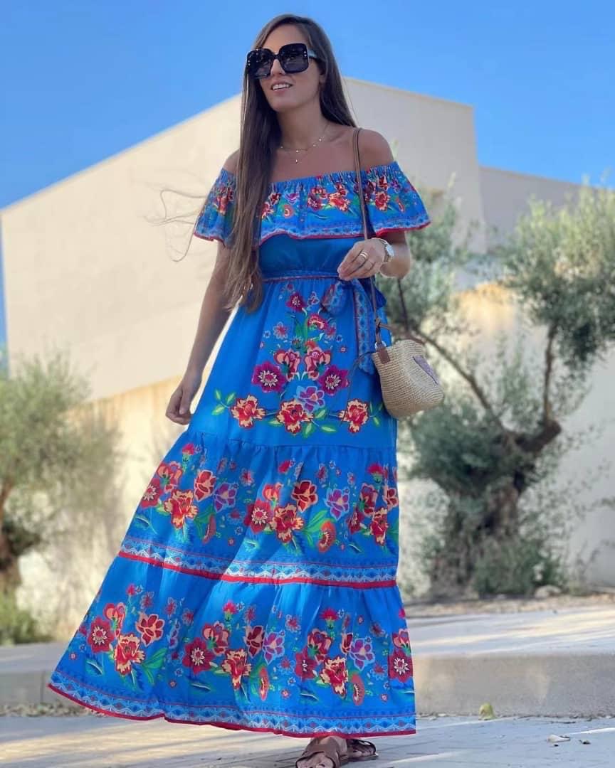 Barbara Strapless Hibiscus Flowers Maxi Dress