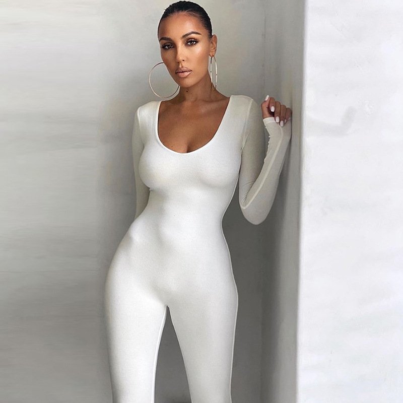 Low Necked Tight Long Sleeved High Waist Solid Color Sports Bodybuilding Jumpsuit