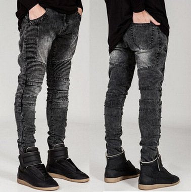 Men's Trendy Motorcycle Pants Pleated Slim Fit Little Legged Stretch Jeans