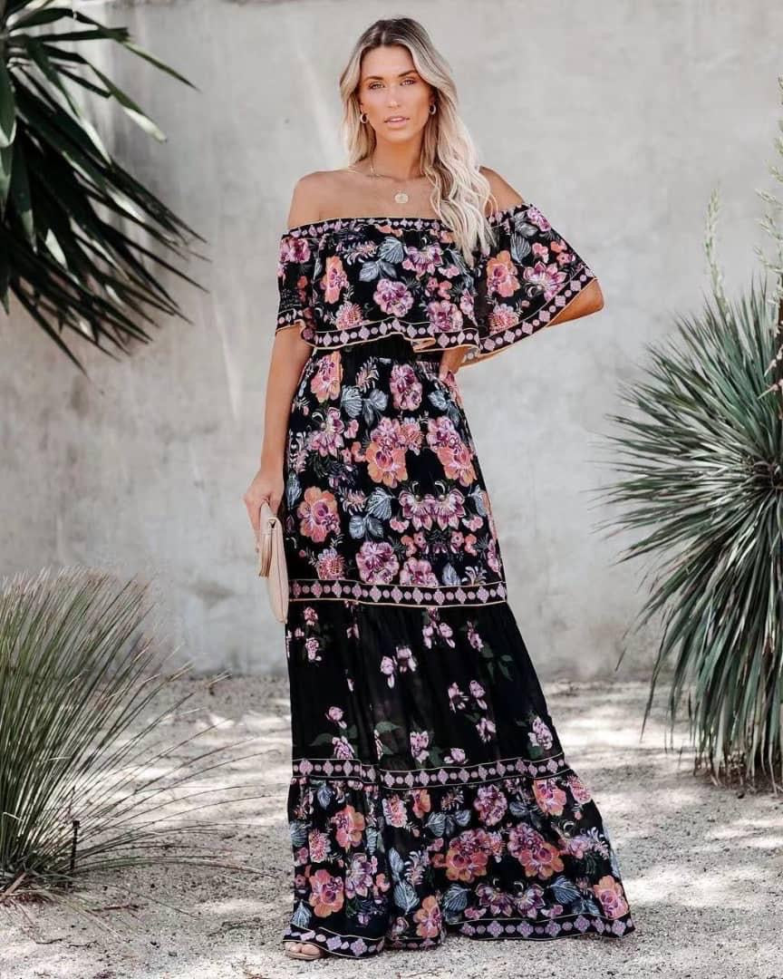 Barbara Strapless Hibiscus Flowers Maxi Dress