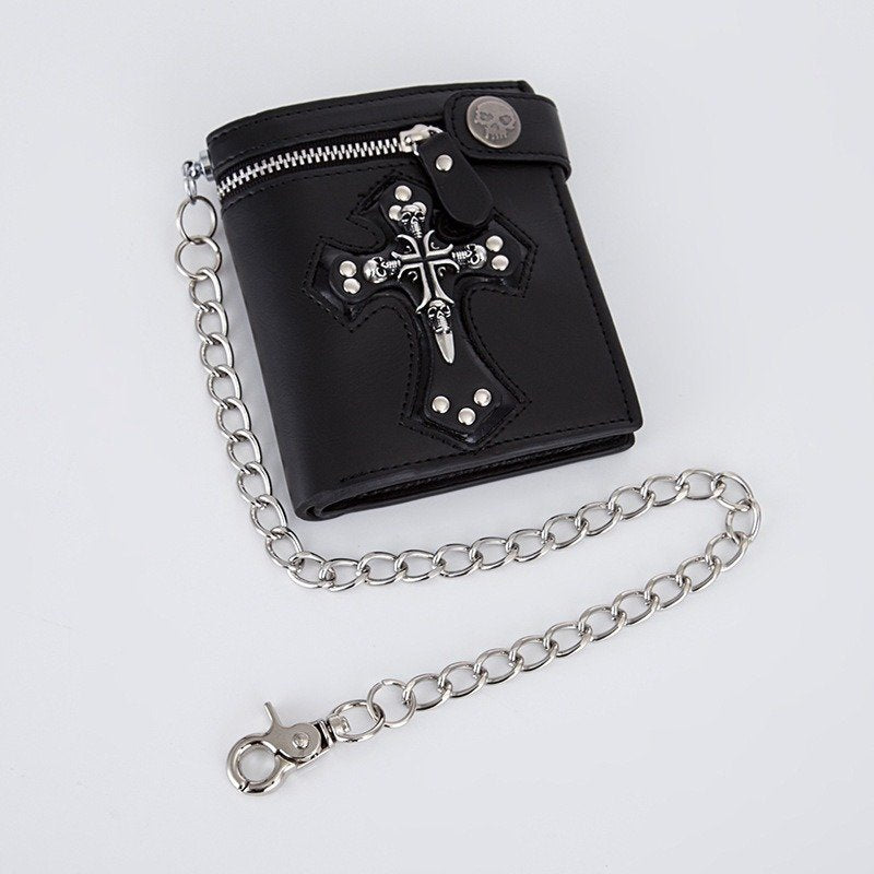 Wallet With Rivets With Chain And Cross Protection