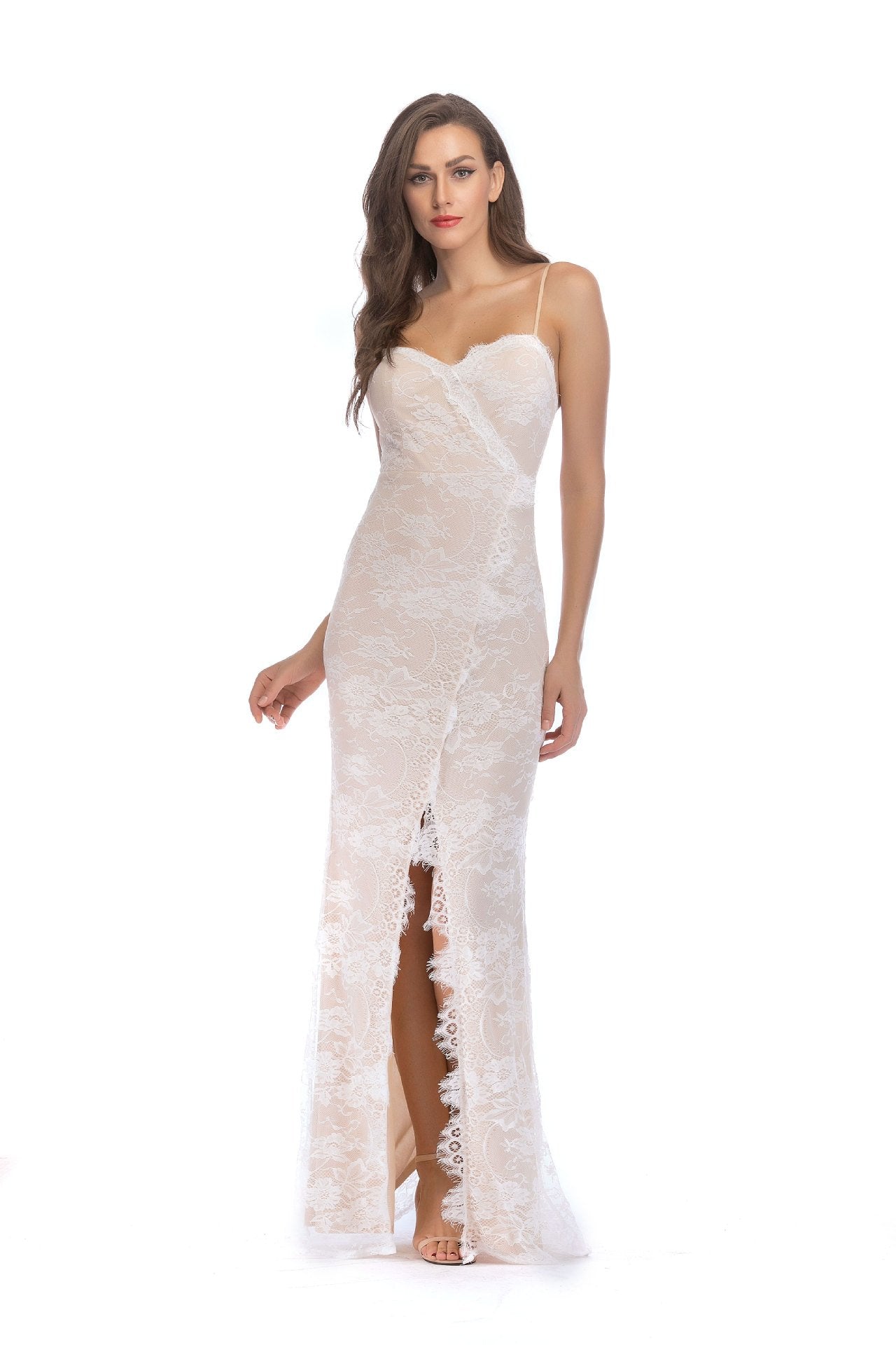 Long Dress With Front Leg Opening And Lace Neckline