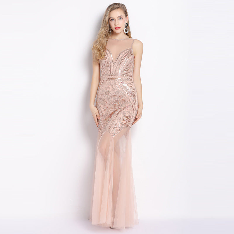 Sleeveless sequin see through backless dress