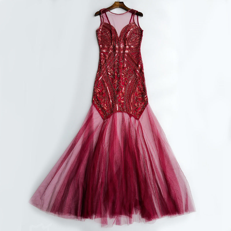 Sleeveless sequin see through backless dress