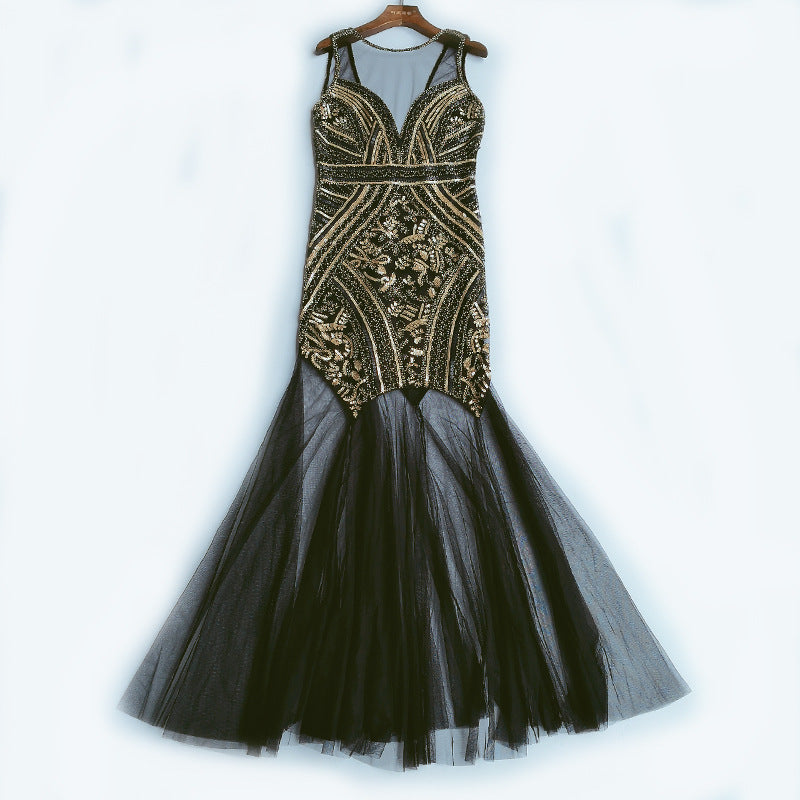 Sleeveless sequin see through backless dress