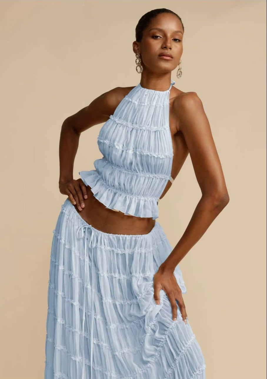 UCVOGUE two piece skirt suit set halter pleated backless lace crop top