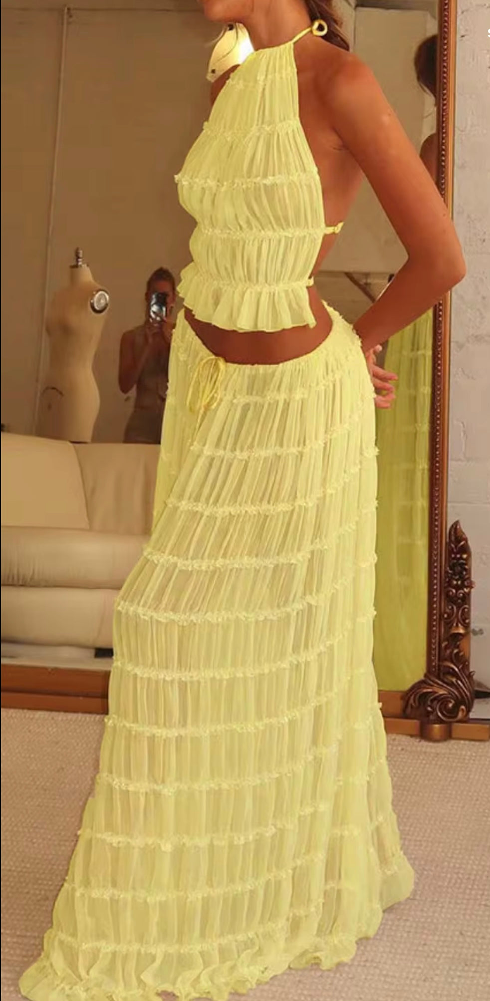 UCVOGUE two piece skirt suit set halter pleated backless lace crop top