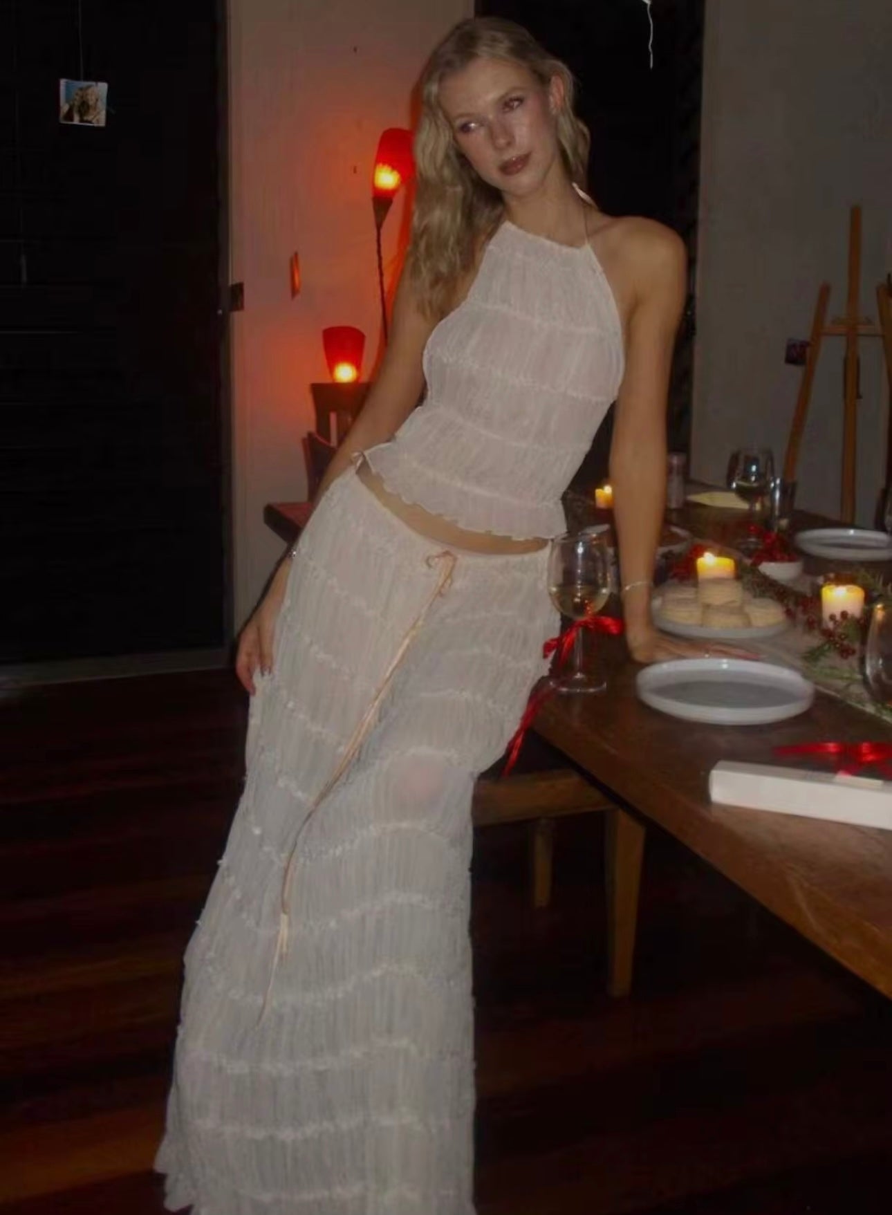 UCVOGUE two piece skirt suit set halter pleated backless lace crop top