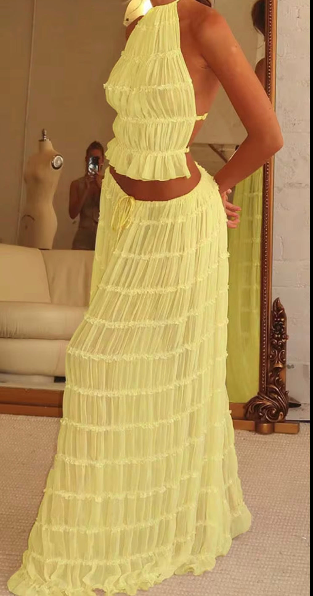 UCVOGUE two piece skirt suit set halter pleated backless lace crop top