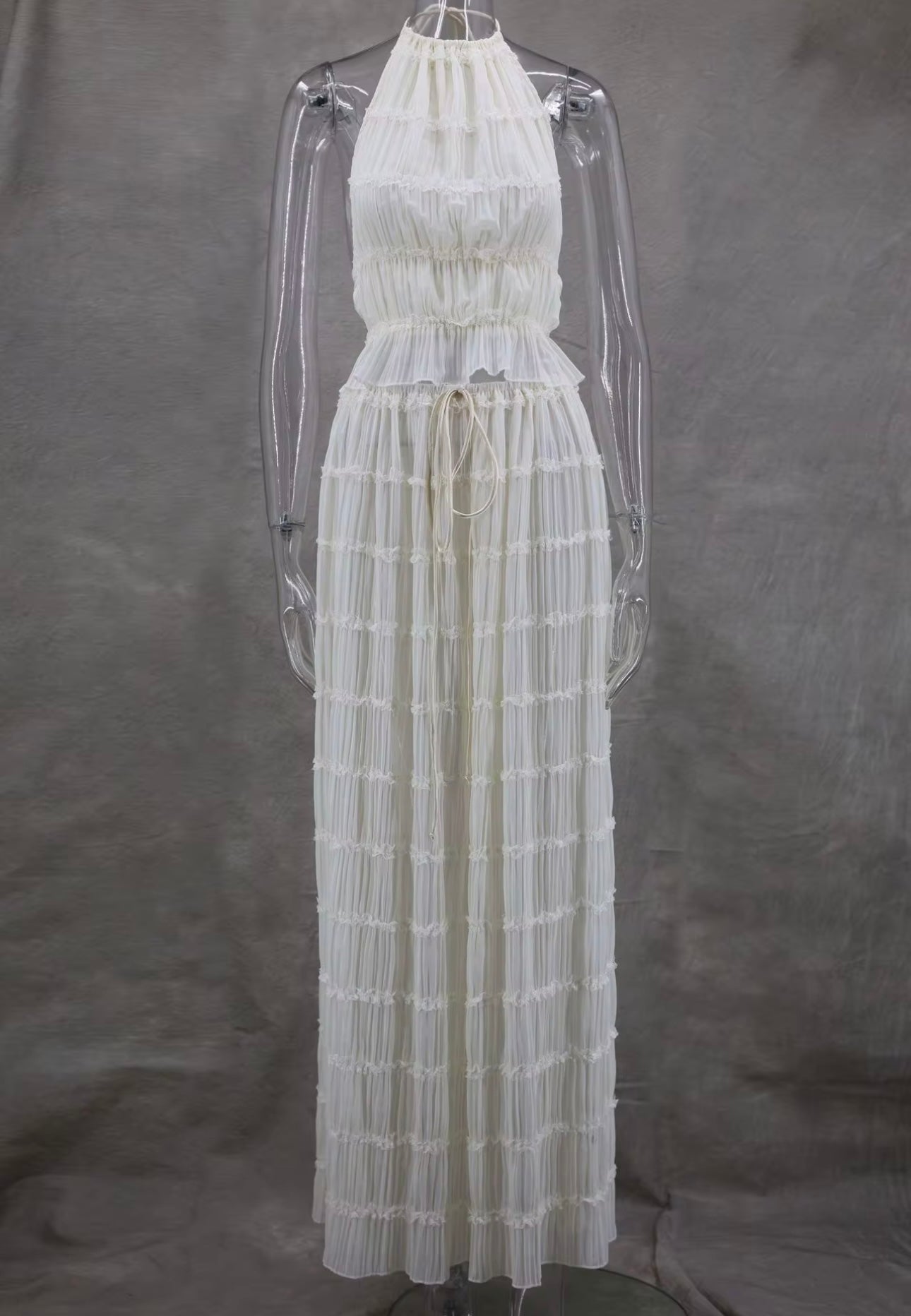 UCVOGUE two piece skirt suit set halter pleated backless lace crop top